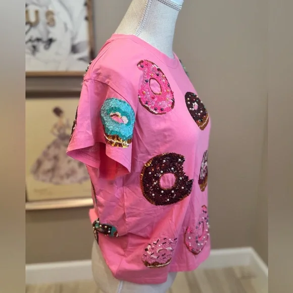 New! QUEEN OF SPARKLES Pink Sequin Donut Tee - Picture 8 of 13